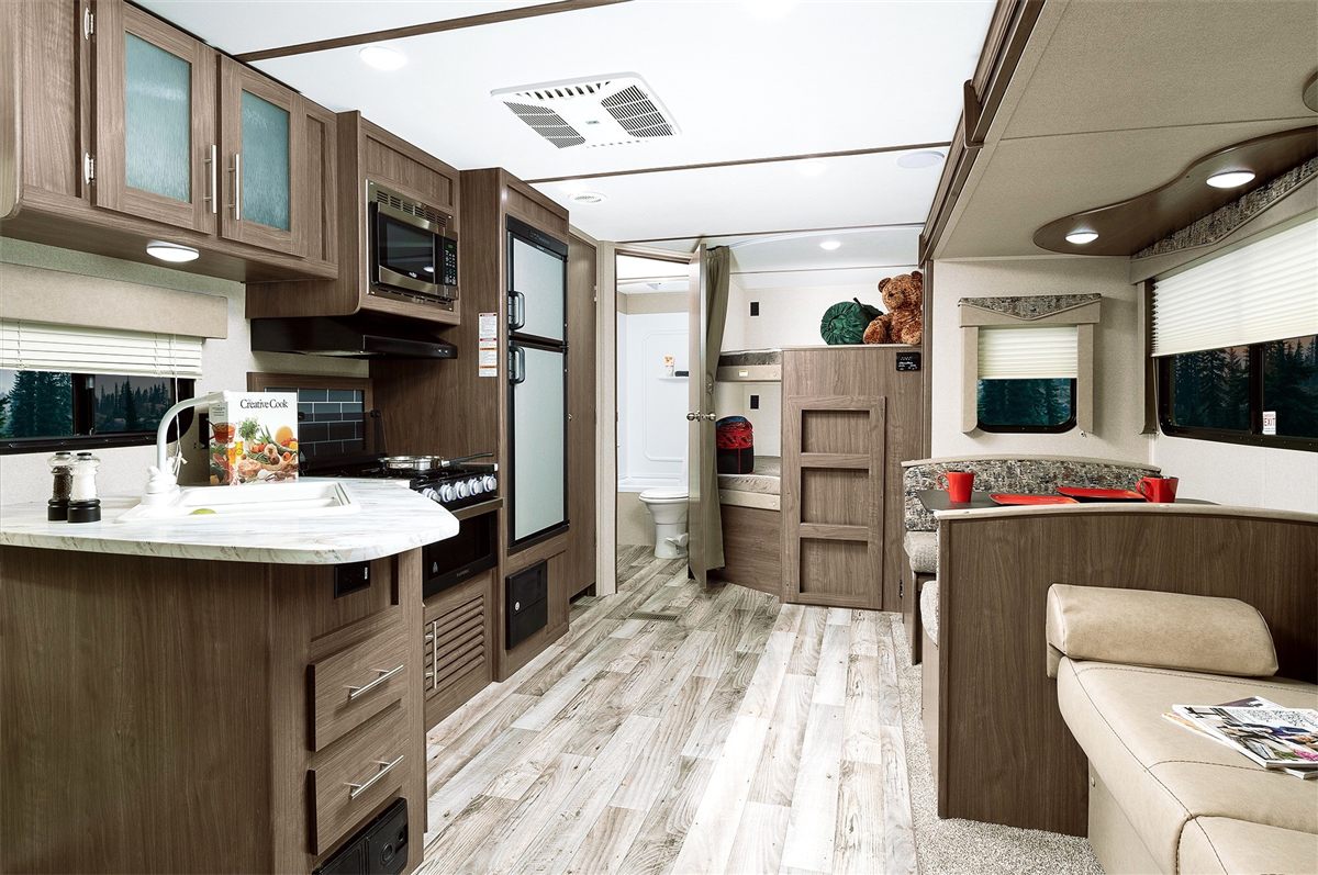 Interior of an equipped Wagon Wheel travel-trailer rental